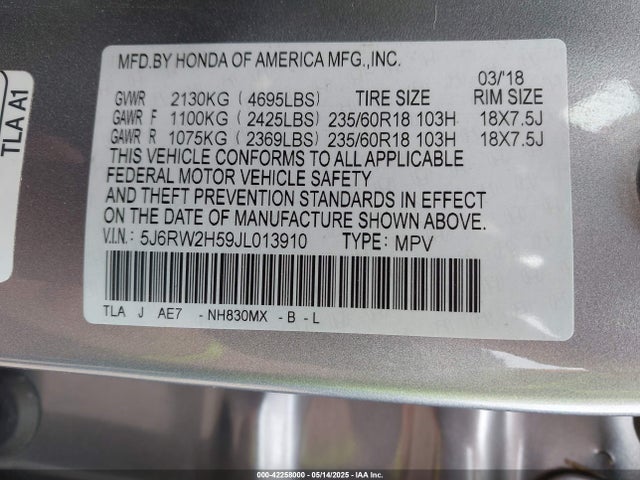 5J6RW2H59JL013910 Honda CR-V EX