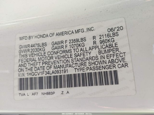 1HGCV1F34LA093191 Honda Accord Sport