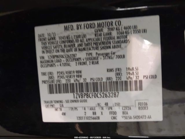 2012 FORD MUSTANG 1ZVBP8CF0C5263287 Photo 8