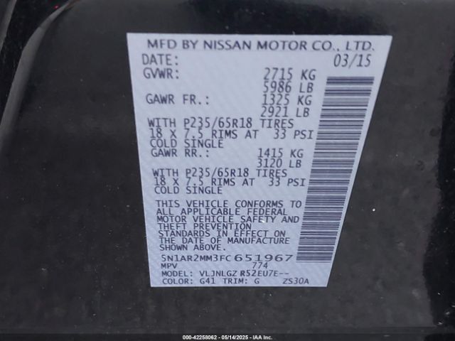 5N1AR2MM3FC651967 Nissan Pathfinder Sl