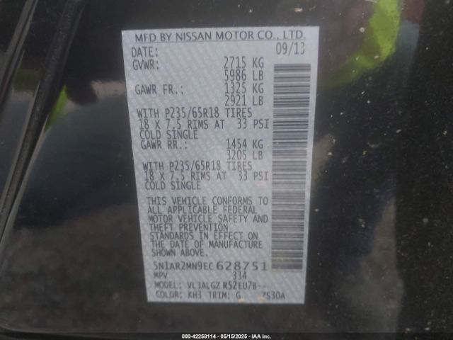 5N1AR2MN9EC628751 Nissan Pathfinder Sl