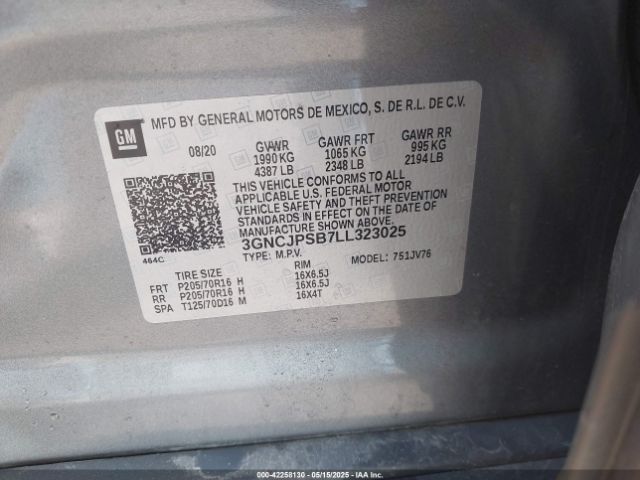 3GNCJPSB7LL323025 Chevrolet Trax Awd Lt