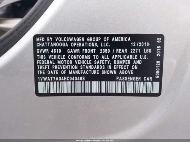 1VWAT7A34HC043468 Volkswagen Passat 1.8t S
