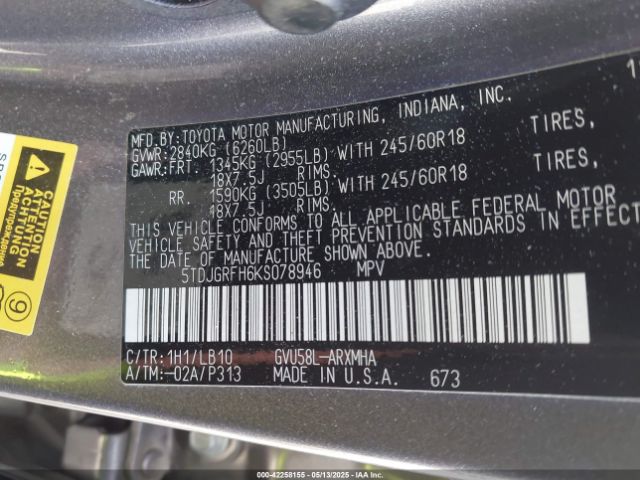 5TDJGRFH6KS078946 Toyota Highlander Hybrid Xle