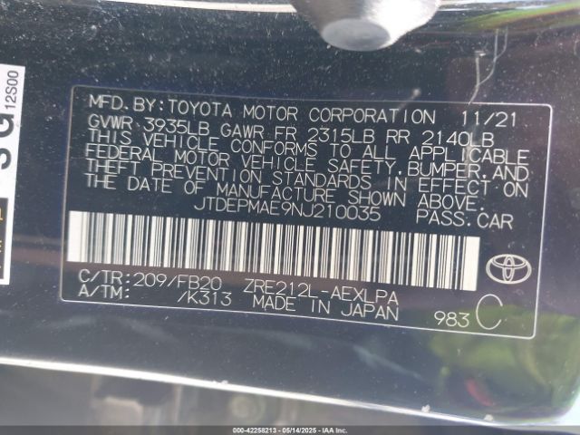 JTDEPMAE9NJ210035 Toyota COROLLA LE