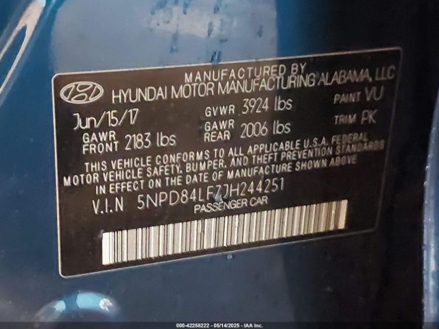 5NPD84LF7JH244251 Hyundai ELANTRA SEL