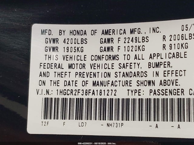 1HGCR2F38FA181272 Honda ACCORD LX