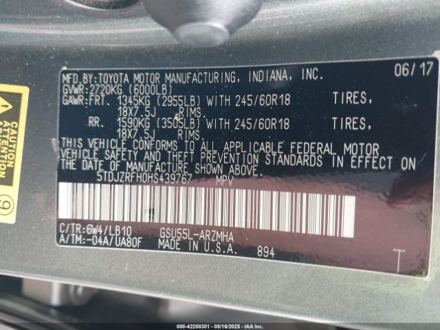 5TDJZRFH0HS439767 Toyota Highlander Xle