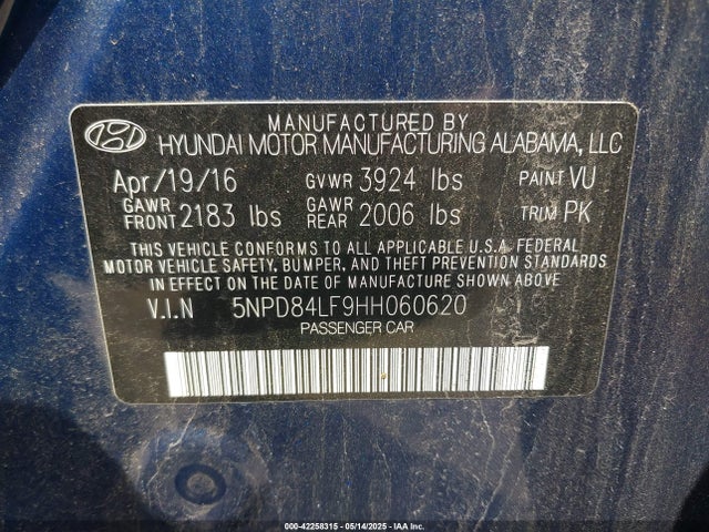 5NPD84LF9HH060620 Hyundai 2017