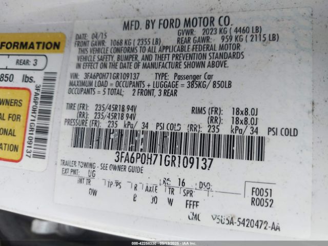 3FA6P0H71GR109137 Ford FUSION SE