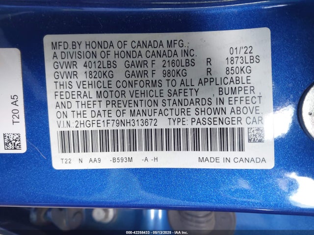 Honda l15by 2022 2HGFE1F79NH313672 Image 9