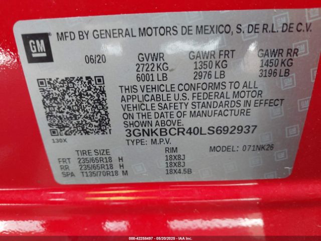 3GNKBCR40LS692937 Chevrolet Blazer Fwd 2lt
