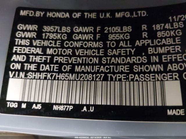 2021 HONDA CIVIC SHHFK7H65MU208127 Photo 8