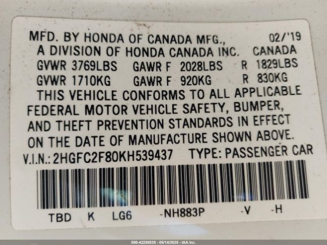 2HGFC2F80KH539437 Honda Civic Sport