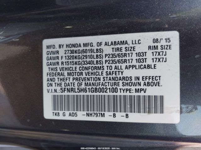 5FNRL5H61GB002100 Honda Odyssey Ex-l