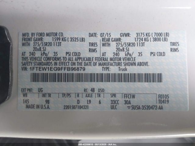 1FTEW1EG9FFB96879 Ford F-150 Platinum