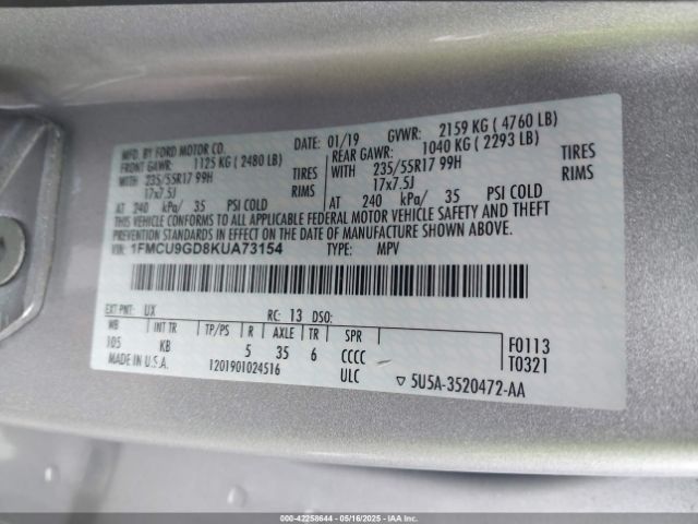1FMCU9GD8KUA73154 Ford ESCAPE SE