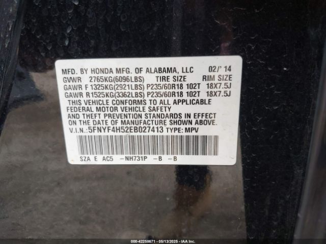 5FNYF4H52EB027413 Honda Pilot Ex-l