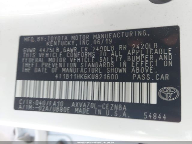 4T1B11HK6KU821600 Toyota CAMRY LE