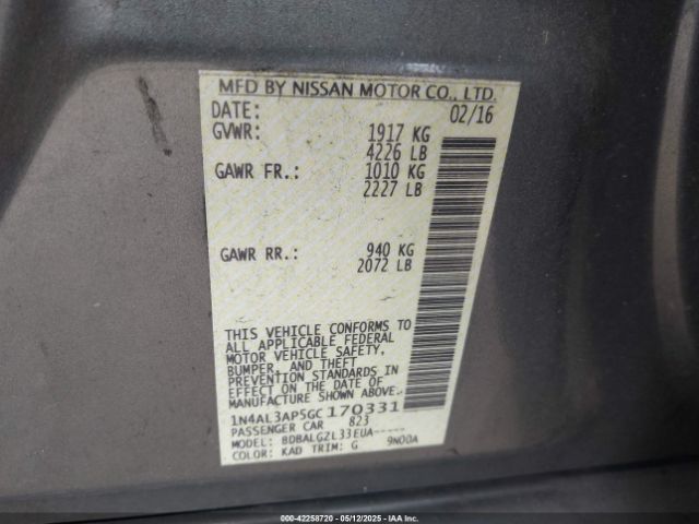1N4AL3AP5GC170331 Nissan Altima 2.5/2.5 S/2.5 Sl/2.5 Sr/2.5 Sv