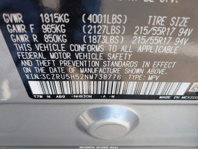 3CZRU5H52NM738776 Honda Hr-v 2wd Ex