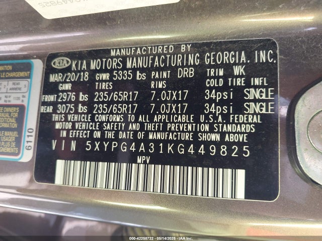 5XYPG4A31KG449825 KIA Sorento 2.4l Lx