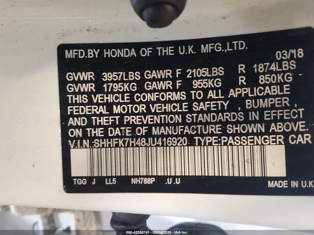 SHHFK7H48JU416920 Honda Civic Sport