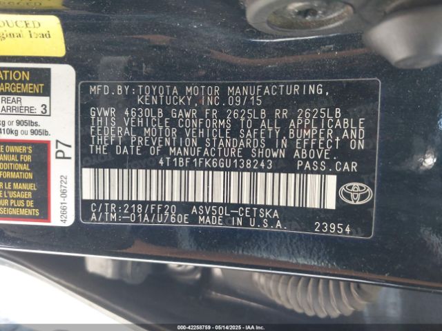4T1BF1FK6GU138243 Toyota CAMRY SE