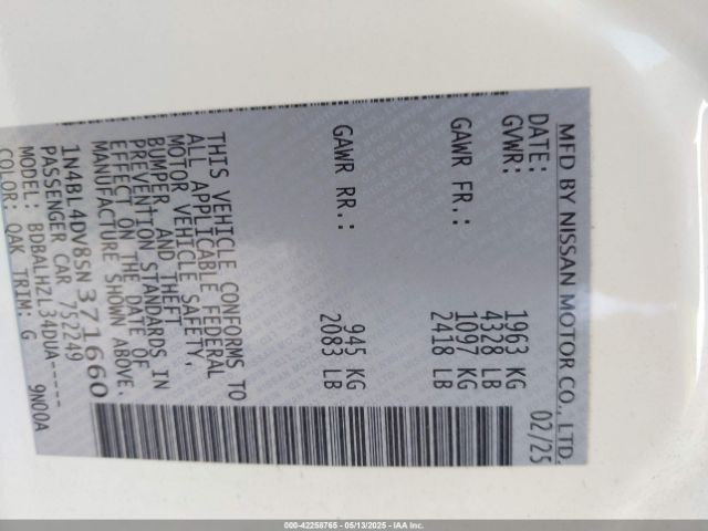 1N4BL4DV8SN371660 Nissan Altima Sv Fwd