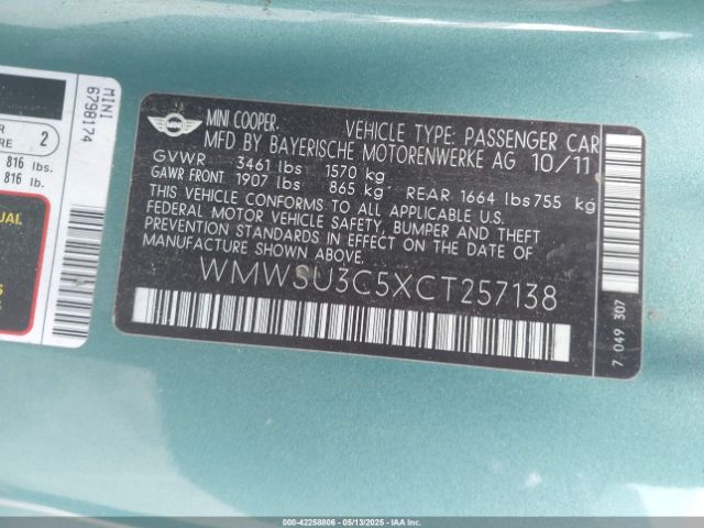 2012 MINI COOPER WMWSU3C5XCT257138 Photo 8