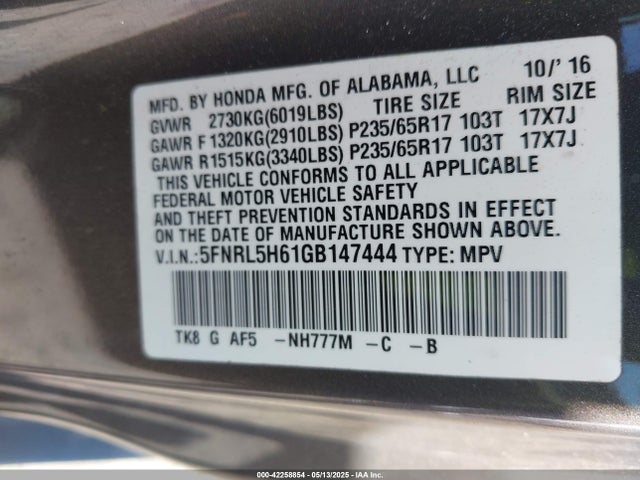 5FNRL5H61GB147444 Honda Odyssey Ex-l