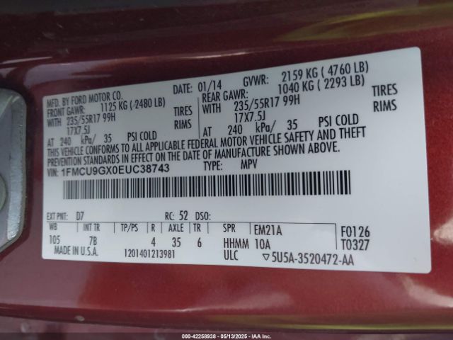 1FMCU9GX0EUC38743 Ford ESCAPE SE