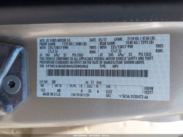 1FMCU9GD9HUD90062 Ford ESCAPE SE