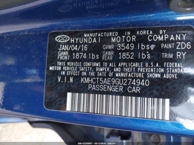 KMHCT5AE9GU274940 Hyundai ACCENT SE