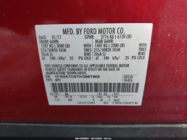 1FM5K7D87HGB87468 Ford EXPLORER XLT