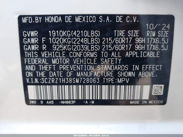 3CZRZ1H38SM728063 Honda k20z5