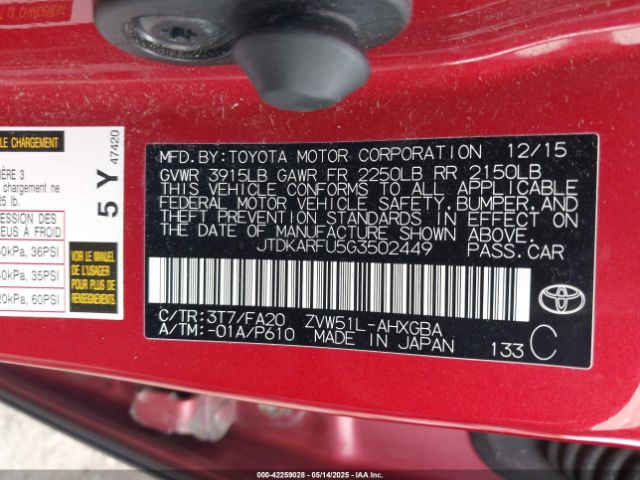 JTDKARFU5G3502449 Toyota Prius Three