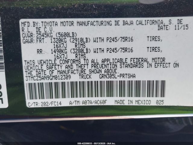 3TMCZ5AN9GM012309 Toyota Tacoma Sr5 V6