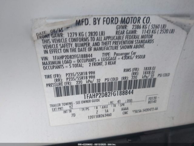 1FAHP2D82FG188844 Ford TAURUS SE