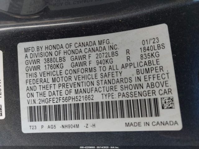2HGFE2F56PH521662 Honda Civic Sport