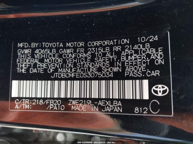 JTDBCMFE0S3075034 Toyota Corolla Hybrid Le