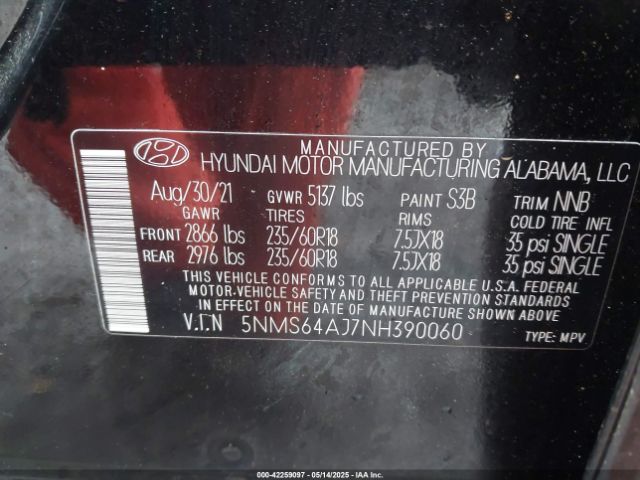 5NMS64AJ7NH390060 Hyundai Santa Fe Sel