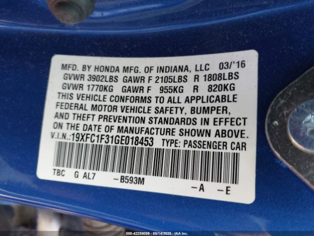 19XFC1F31GE018453 Honda Civic Ex-t