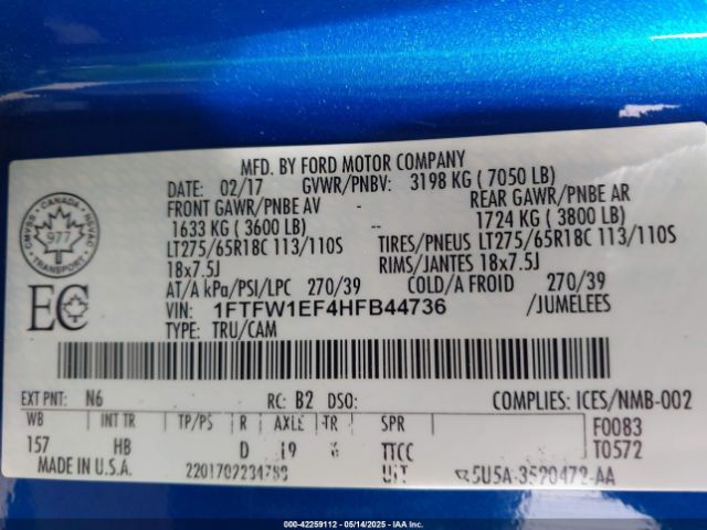 1FTFW1EF4HFB44736 Ford F-150 Lariat