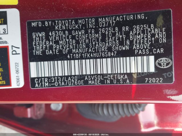 4T1BF1FK4HU765847 Toyota CAMRY XLE