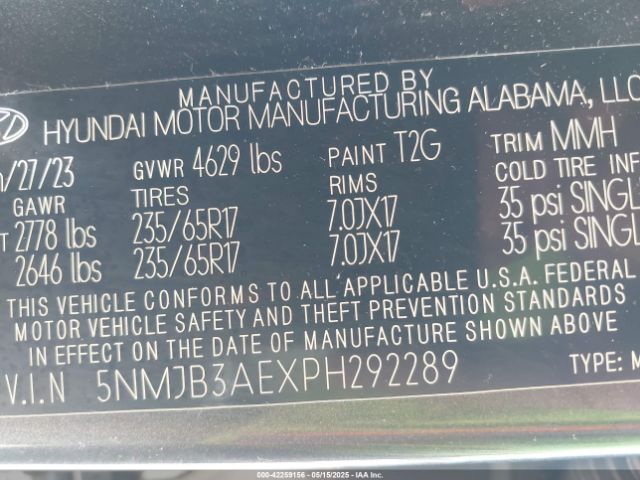 5NMJB3AEXPH292289 Hyundai TUCSON SEL