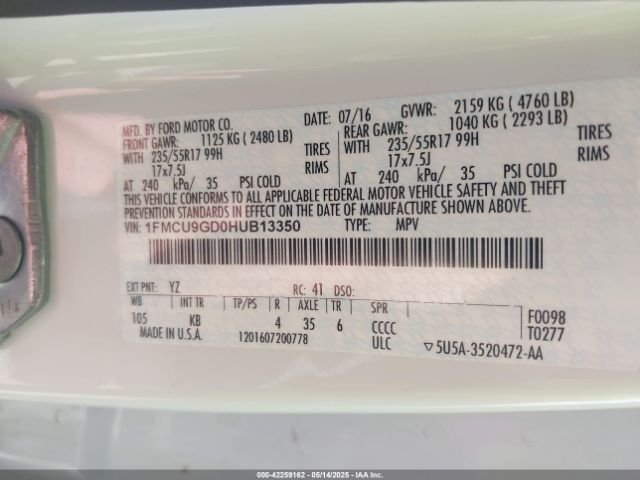 1FMCU9GD0HUB13350 Ford ESCAPE SE