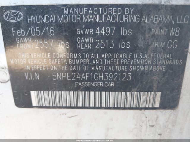 5NPE24AF1GH392123 Hyundai SONATA SE