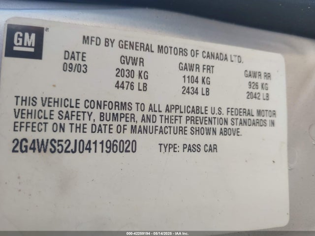 Продаж на аукціоні авто 2004 Buick Century, vin: 2G4WS52J041196020, номер лоту: 42259194