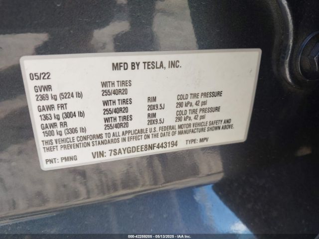 7SAYGDEE8NF443194 Tesla Model Y Long Range Dual Motor All-wheel Drive